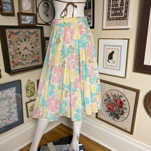 80s Vintage C&A 100% Cotton Pastel Floral High-Waisted A-Line Skirt Size M - Picture 3 of 5